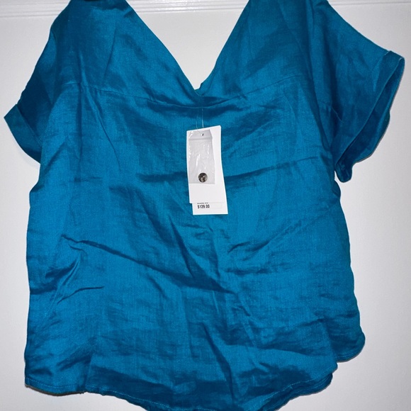 British India 100% linen buttoned blouse in Peacock Blue - Picture 2 of 3